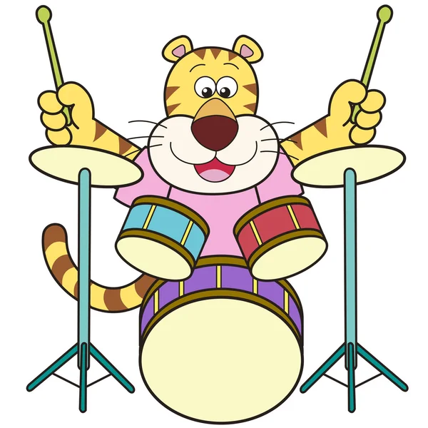 Карикатурный тигр на барабанах — стоковый вектор