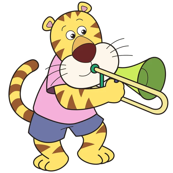 Tigre de dibujos animados tocando un trombón — Vector de stock