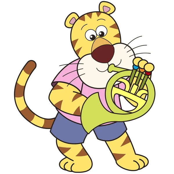 Tigre dei cartoni animati che suona un corno francese — Vettoriale Stock