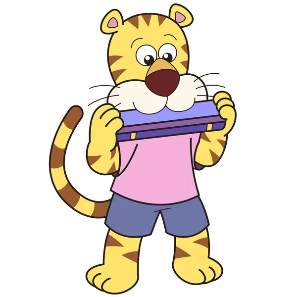 Cartoon Tiger Playing a Harmonica — Stock Vector