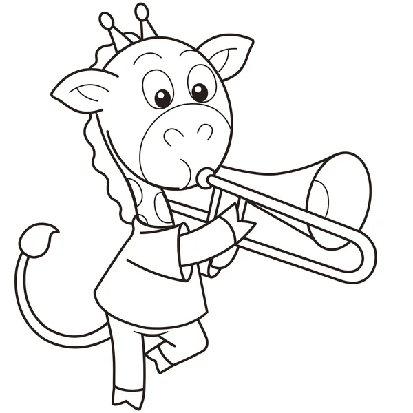 Jirafa de dibujos animados tocando un trombón — Vector de stock