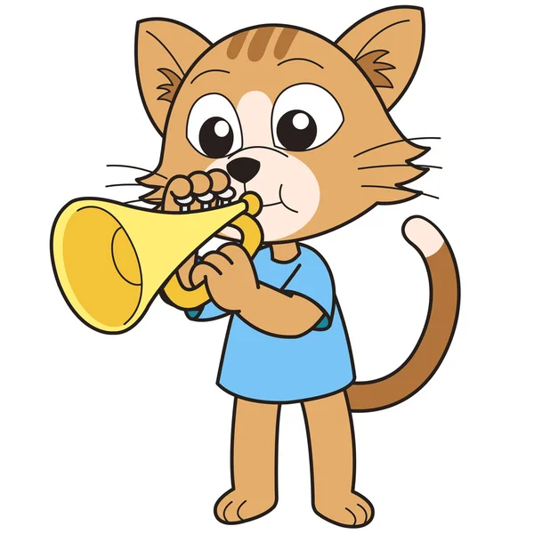 Gato de dibujos animados tocando una trompeta — Vector de stock