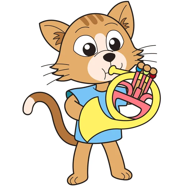 Cartoon Cat Playing a French Horn — Stock Vector