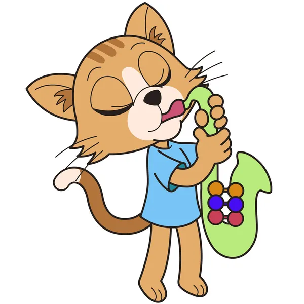 Gato de dibujos animados tocando un saxofón — Vector de stock