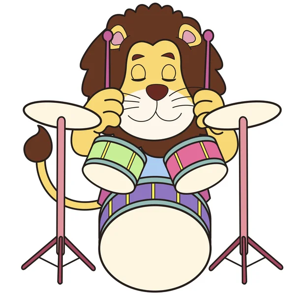 León de dibujos animados tocando la batería — Vector de stock