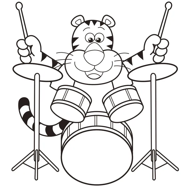 Tigre dos desenhos animados tocando bateria — Vetor de Stock