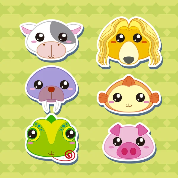 Zes cute cartoon dierlijke hoofd stickers — Stockvector