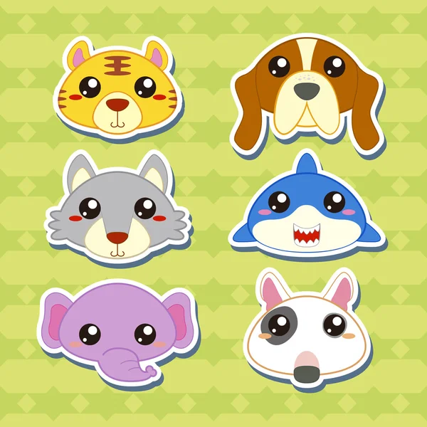 Zes cute cartoon dierlijke hoofd stickers — Stockvector