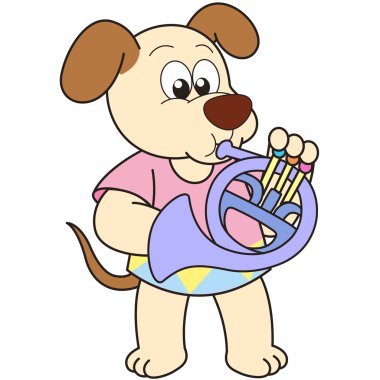 Fransız kornosu oynayan karikatür köpek