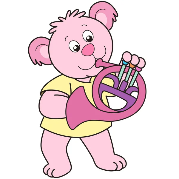 Oso de dibujos animados tocando un cuerno francés — Vector de stock