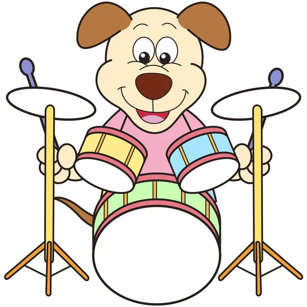 Perro de dibujos animados tocando tambores — Vector de stock