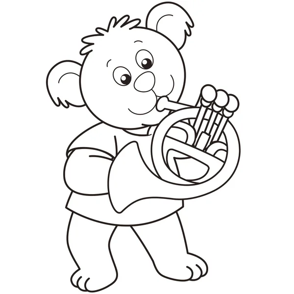 Oso de dibujos animados tocando un cuerno francés — Vector de stock