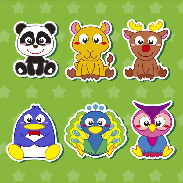 Six Cute Cartoon Animal Stickers — Stock Vector