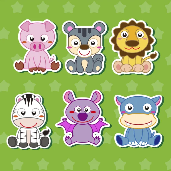 Zes cute cartoon dierlijke stickers — Stockvector