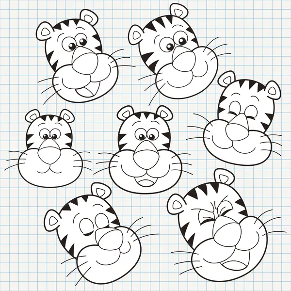 Vetor doodle bonito tigre coleção rosto — Vetor de Stock