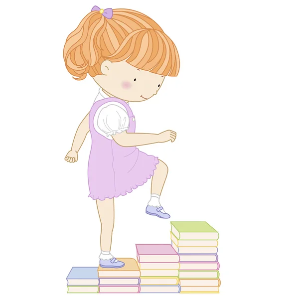 Ilustración de una linda chica subiendo las escaleras de los libros — Archivo Imágenes Vectoriales