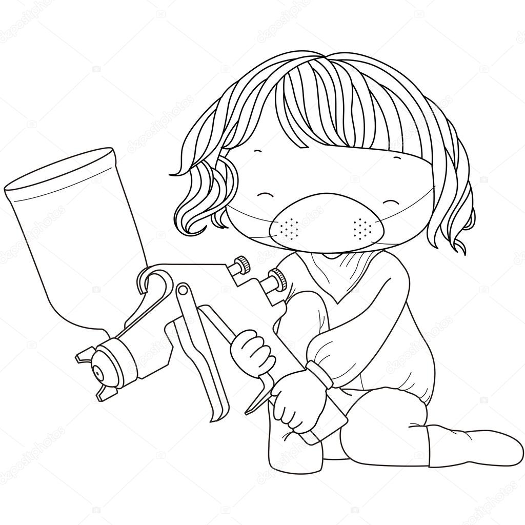 Coloring illustration of a girl with spray gun