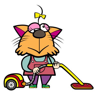 Elektrikli süpürge ile karikatür kedi ev kadını