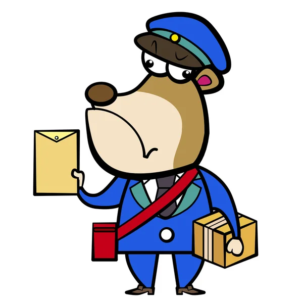 Cartoon Bear Postbote mit Brief und Paket — Stockvektor