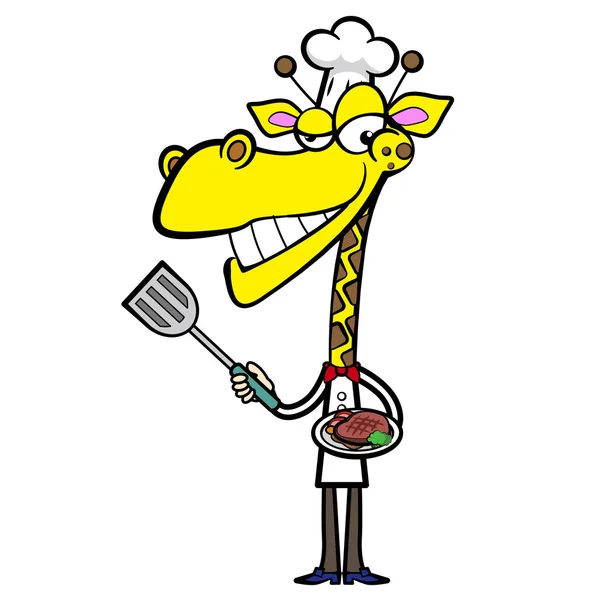 Cartoon giraffe chef-kok met biefstuk eten — Stockvector