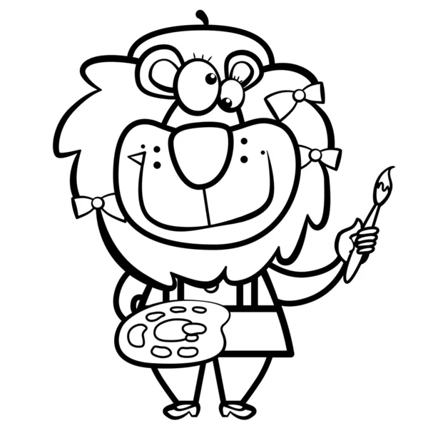 Dessin animé lion artiste avec pinceau et palette — Image vectorielle