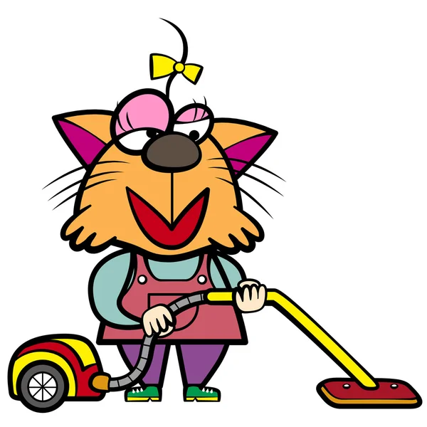 Cartoon cat housewife with a vacuum cleaner — Stock Vector