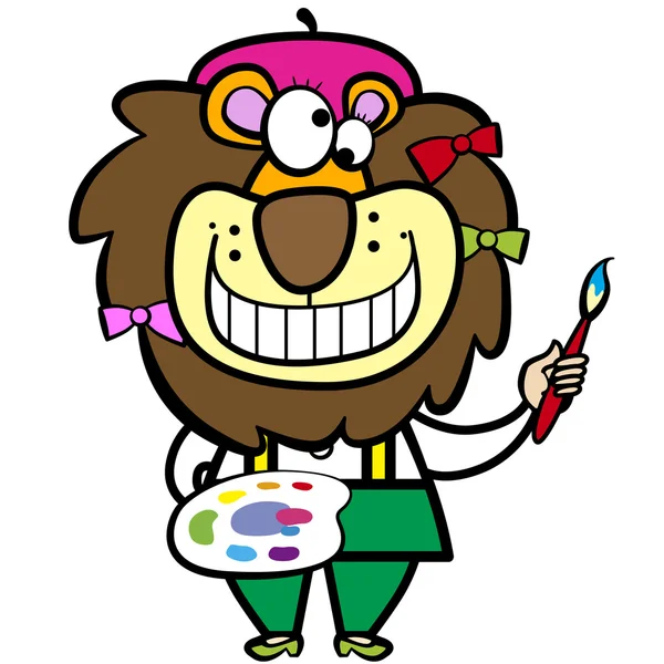 Dessin animé lion artiste avec pinceau et palette — Image vectorielle