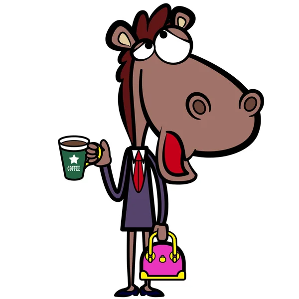 Cartoon-Büropferd mit einer Tasse Kaffee und einer Aktentasche — Stockvektor