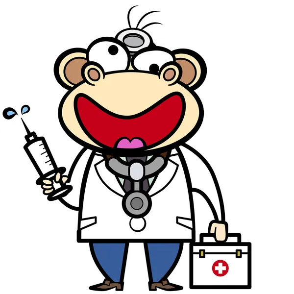 Médico mono de dibujos animados con kit de primeros auxilios y jeringa — Vector de stock