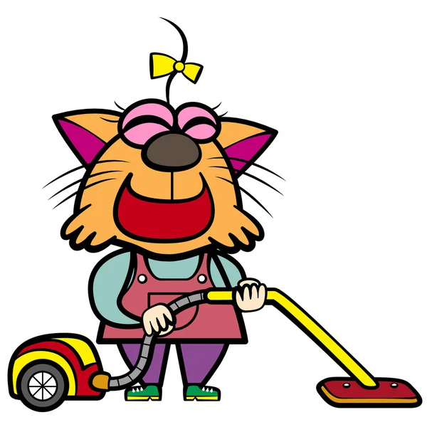 Cartoon kat huisvrouw met een stofzuiger — Stockvector