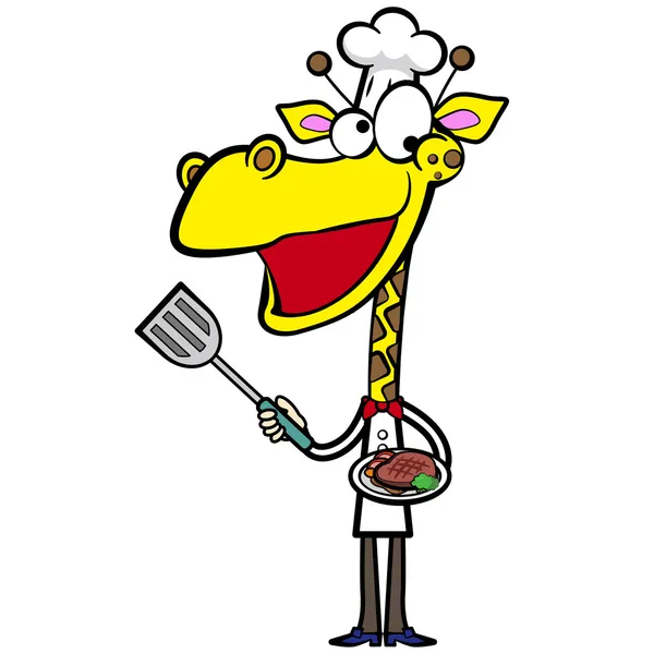 Cartoon giraffe chef with steak dinner — Stock Vector