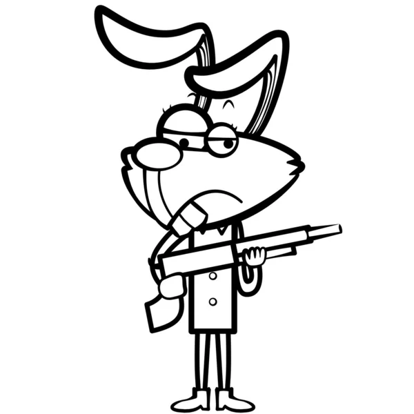 Dibujos animados para colorear cazador de conejos con una escopeta — Vector de stock