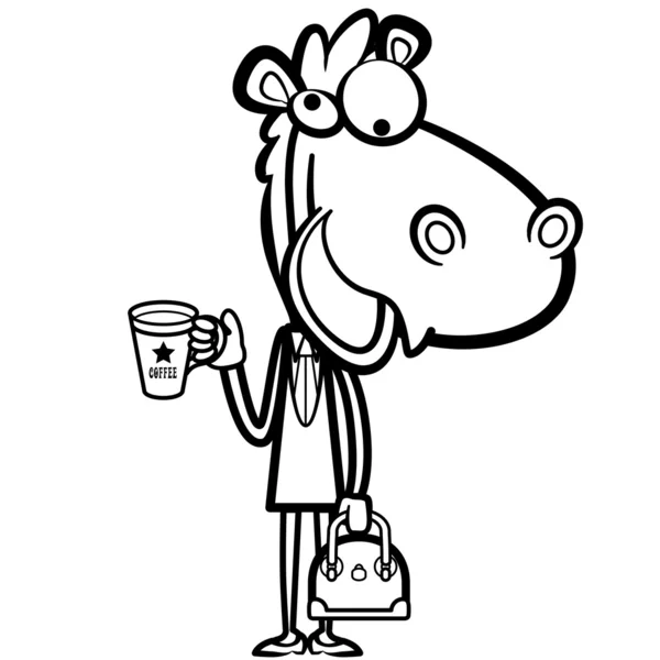 Coloriage dessin animé bureau cheval avec une tasse de café et une briefca — Image vectorielle
