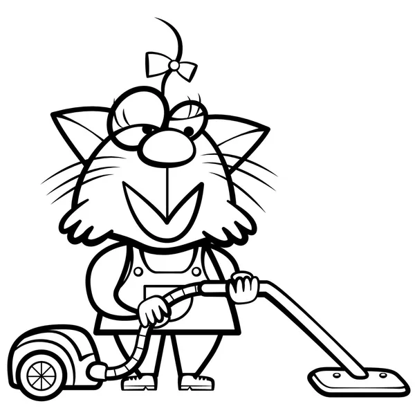 Coloring cartoon cat housewife with a vacuum cleaner — Stock Vector