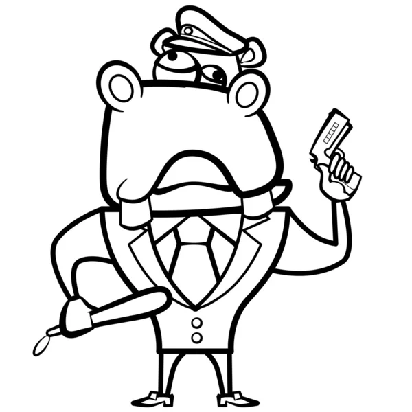 Colorir desenho animado policial hipopótamo com arma — Vetor de Stock