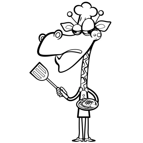 Kleuren cartoon giraffe chef-kok met biefstuk eten — Stockvector