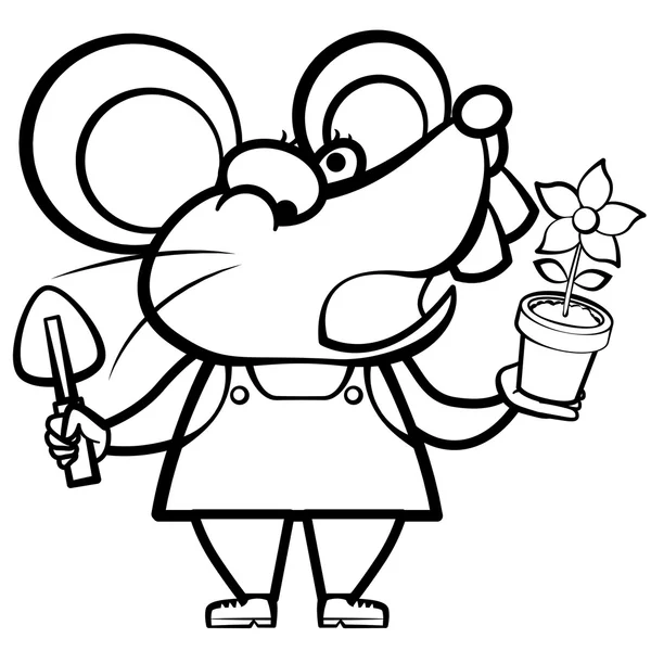 Coloring cartoon mouse landscaper with a plant — Stock Vector