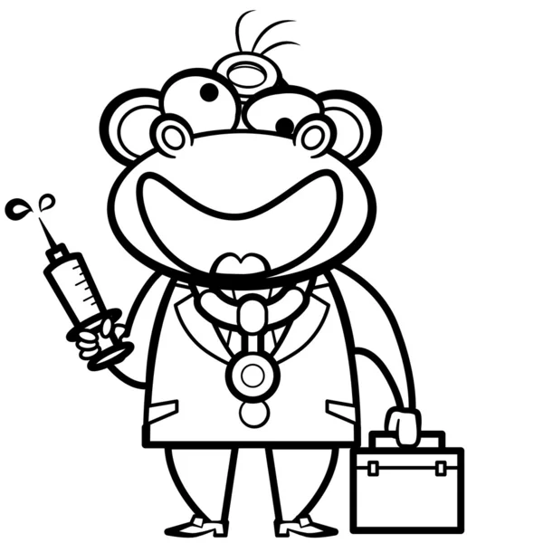 Colorante fumetto scimmia medico con kit di pronto soccorso e siringa — Vettoriale Stock