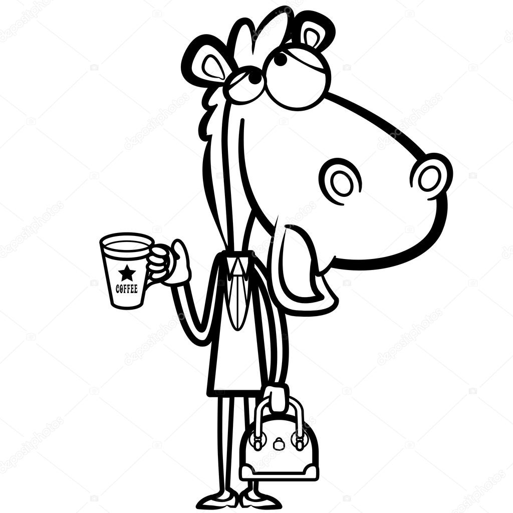 Cavallo di ufficio dei cartoni animati da colorare con una tazza di caff¨ e una briefca