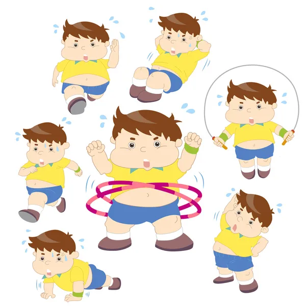 Ilustración de la colección fitness niño con sobrepeso — Vector de stock