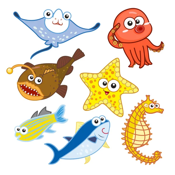 Kreslené mořské zvířata set s bílým pozadím — Stockový vektor