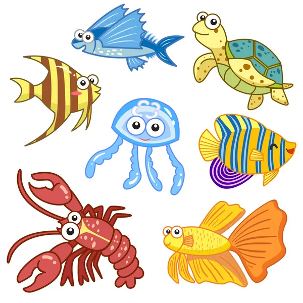 Desenhos animados animais do mar conjunto com fundo branco — Vetor de Stock