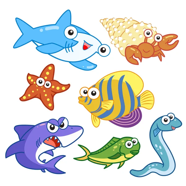 Dibujos animados animales de mar con fondo blanco — Vector de stock