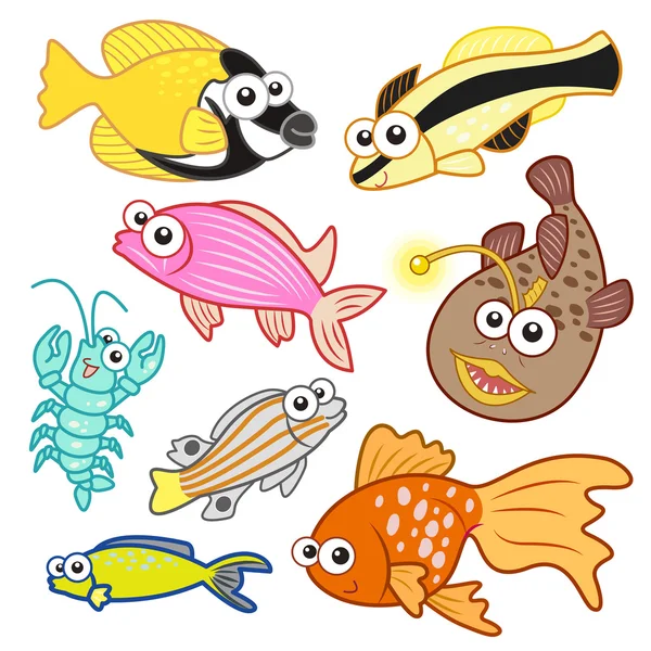 Desenhos animados animais do mar conjunto com fundo branco — Vetor de Stock