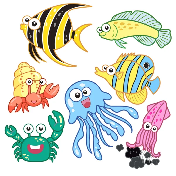 Desenhos animados animais do mar conjunto com fundo branco — Vetor de Stock