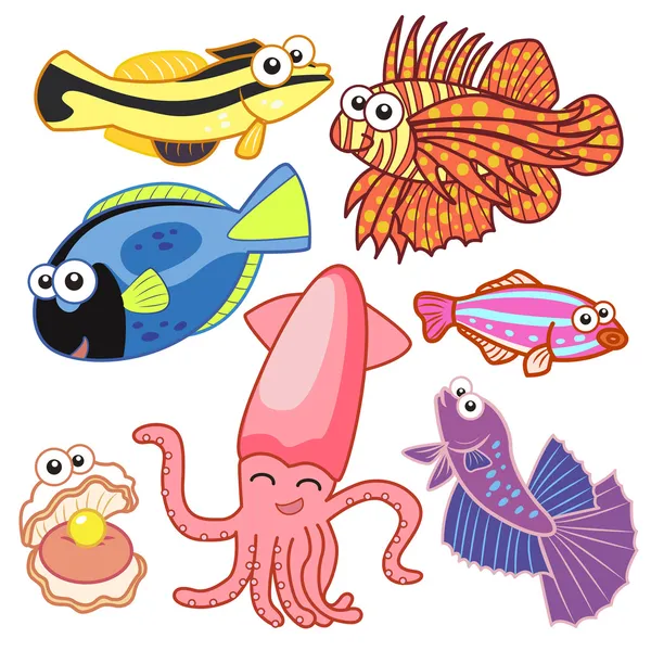 Cartoon sea animals set with white background — Stock Vector