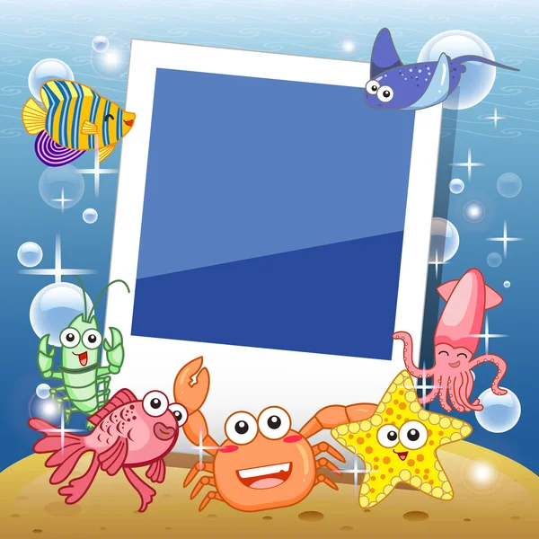 Decorative frame for photo with tropical bright fishes. — Stock Vector