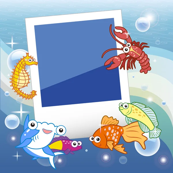 Decorative frame for photo with tropical bright fishes. — Stock Vector