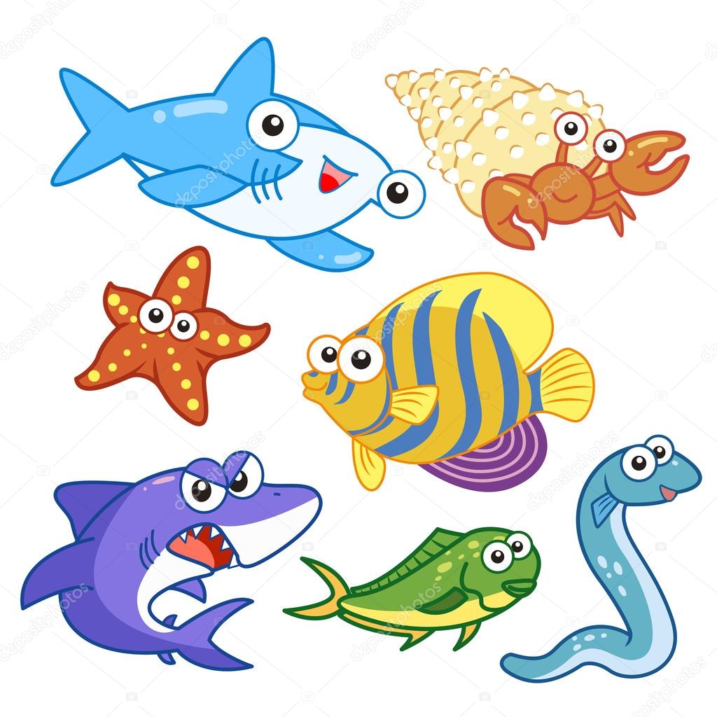 cartoon sea animals set with white background