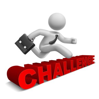 3d businessman jumping over 'challenge' word clipart